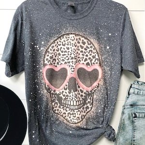 Wild Skull leopard distressed tee, skull heart sunglasses shirt, bleached leopard skull shirt, love skeleton tee, love skull bleach tee