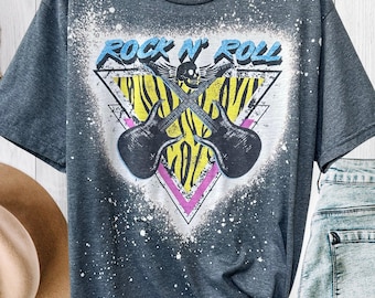 Rock n Roll 80s bleached graphic t shirt, hair metal rocker style distressed tee