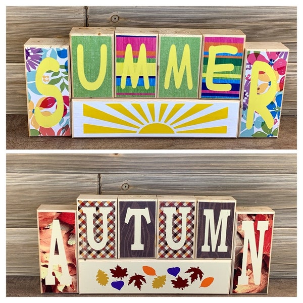 Reversible Summer Autumn Wood Blocks, Summer Blocks, Autumn Blocks, Summer Mantel Décor, Fall Décor, Fall Wood Blocks, Fall Mantel Décor