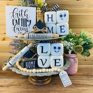Farmhouse Tiered Tray Decor Set: Wood Garland, Mini Rolling Pins