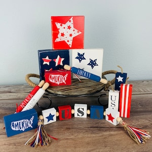 Patriotic Tier Tray Decor: USA Garland, Firecracker Blocks, Mini Rolling Pins