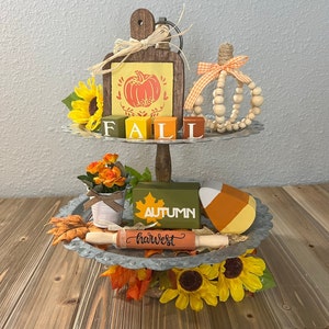 Fall Tiered Tray Decor Set: Autumn Harvest Rolling Pin, Wood Sign & Bead Pumpkins