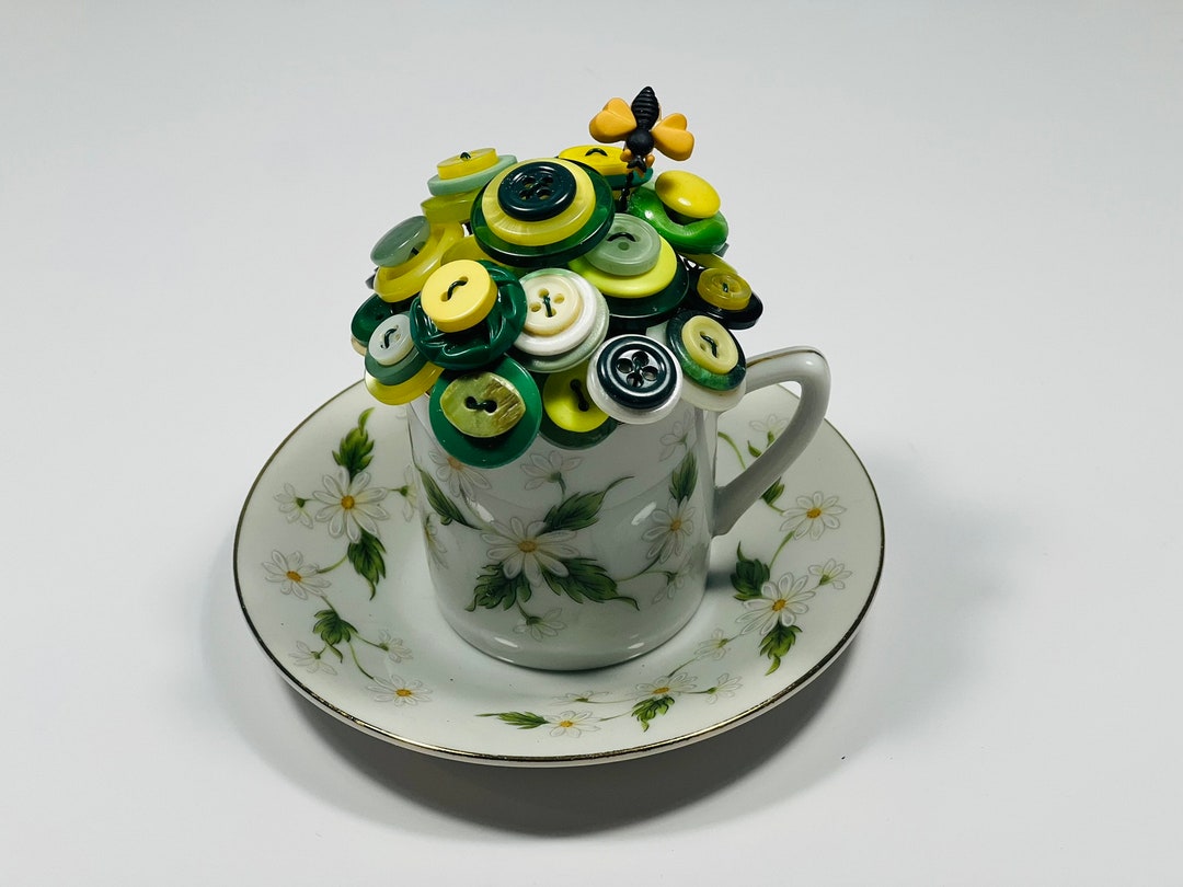 Button Bouquet, Green Buttons, Green Button Flowers, Mini Tea Cup and ...