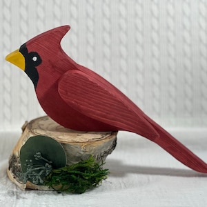 Wood Cardinal, Rustic Cardinal, Red Cardinal, Farmhouse Decor, Bird Decor, Cardinal on birch pedestal, shelf sitter, Handcrafted Cardinal