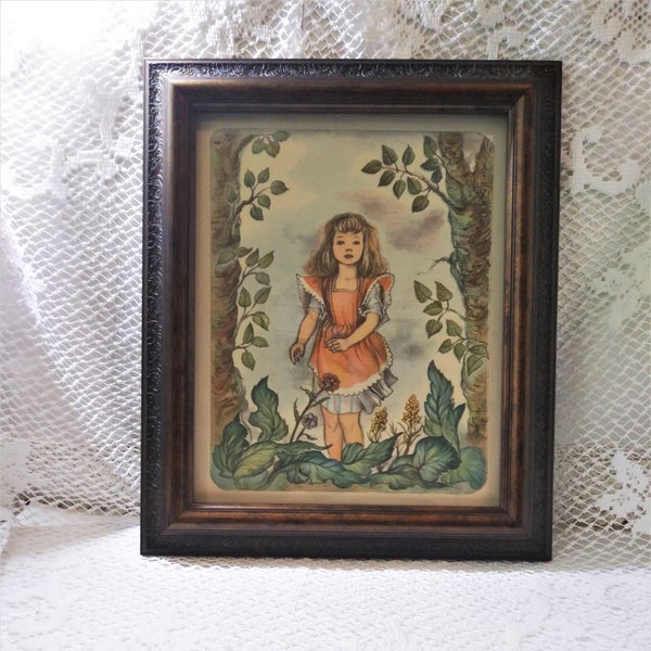 Framed Vintage Book Page ~ Lithograph From VTG Chilren's Picture Book ~ Little Girl in the Forest ~ Faux Wood Frame