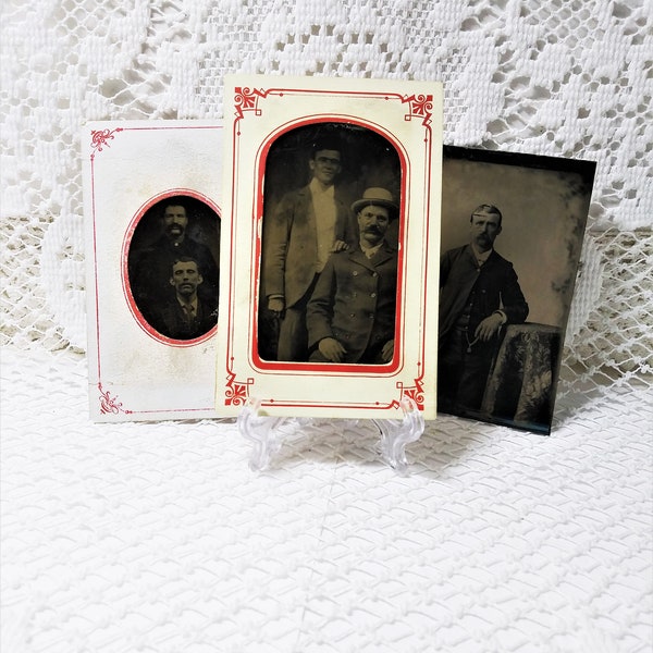 Antique Tin Type Lot ~ Three (3) Count ~ Gentlemen ~ Two With Cardboard Frames ~ Two Businessmen and One Is Possibly Father/Son