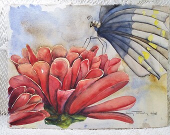 Watercolor on Porous Art Paper ~ Butterfly on Flower ~ Red Flowers Blue & Gray Butterfly ~ Original ~ 1995 ~ 11" x 14.5"