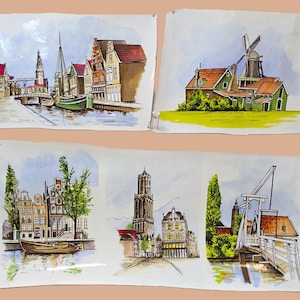 May include: Watercolor paintings of Dutch cityscapes, including canals, windmills, and historic buildings. The artwork features a variety of architectural styles, with detailed depictions of boats, bridges, and trees. The color palette includes shades of blue, green, brown, and red.