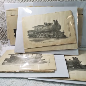 May include: A collection of vintage black and white illustrations of steam locomotives. The illustrations are printed on paper and have a worn, aged look. The text on the illustrations reads "The New Class of the Great Engine".