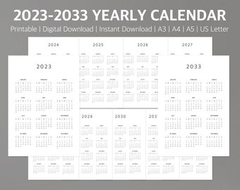 2023-33 Calendar Printable, Yearly Calendar, Modern Calendar, Simple Calendar, 2023 Calendar, Digital Calendar, One Page Calendar, 10Years