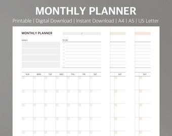 Monthly Planner Printable / 3 Colors / A4, A5, Letter / Modern Planner / Simple Planner / One Page Planner / Instant Download / Printable