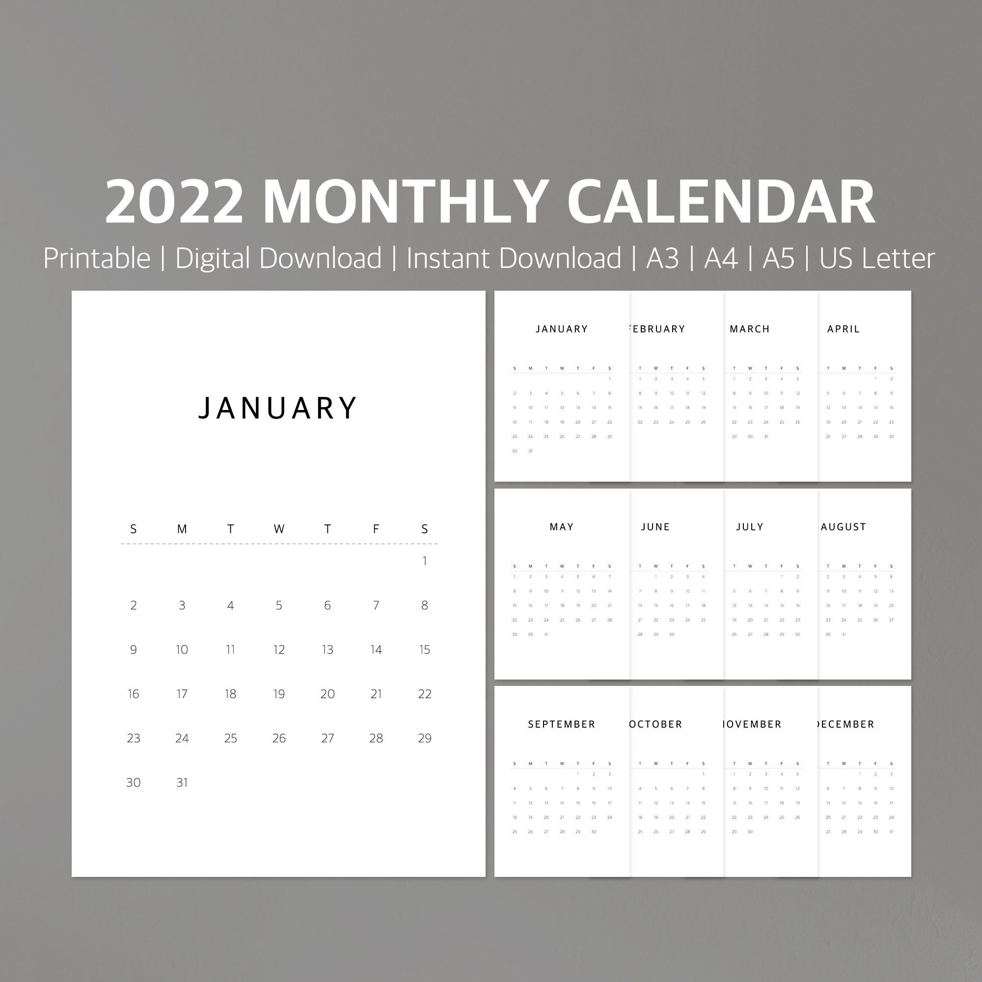 wall calendar 2022 printable monthly calendar a4 a5 a3 etsy