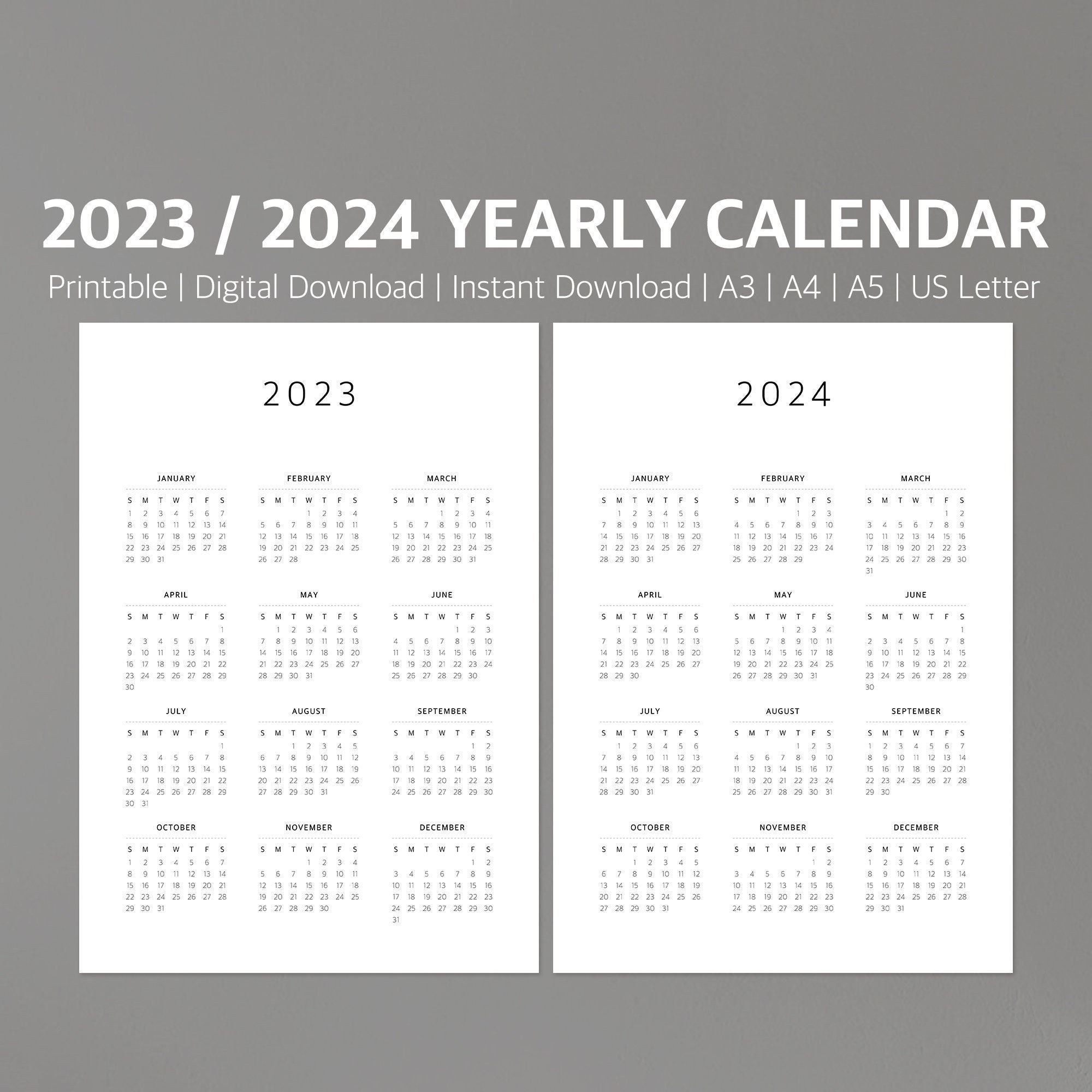 2023-24 Calendar Printable Yearly Calendar Modern Calendar - Etsy