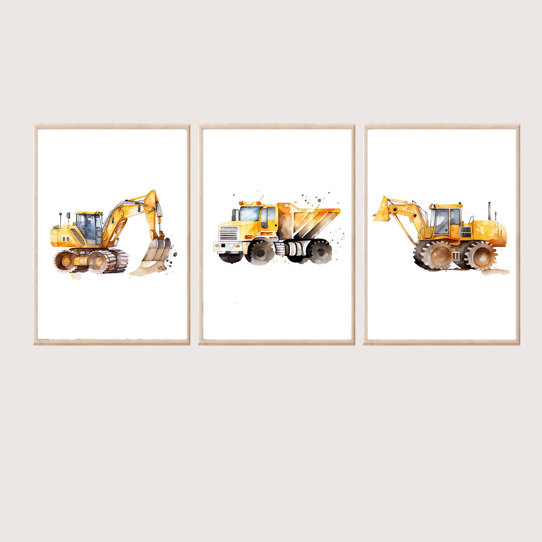 Set of 3 Prints. Water Colour Construction Vehicles, Dumper Truck and