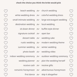 May include: A beige wedding game card with the text "would she rather" in elegant script. The card lists wedding-related choices, such as "beach wedding or church wedding," with heart-shaped check boxes. A fun bridal shower activity.