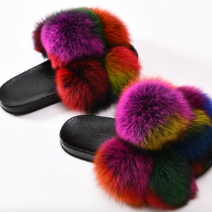 Women Faux Fur Ball Pompom Open Toe Comfortable Slides