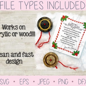 May include: A digital download of SVG, EPS, JPEG, PNG, and DFX files for a Christmas craft project. The image shows a red and white striped card with a Christmas message from Santa Claus, a gold and black Santa Claus ornament, and a wood background. The text on the card reads "Thank you for the milk and cookies you left out on Christmas Eve, but I think a button from my suit fell right off of my sleeve. If you happen to find the button, just hang it on your tree and every year on Christmas I hope you'll think of me. Santa Claus".