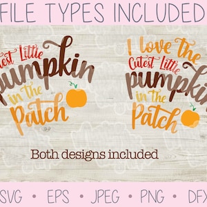 Può includere: Due progetti digitali con il testo "Cutest Little Pumpkin in the Patch" e una piccola grafica di zucca arancione. Il primo progetto include il testo "I love the" prima della frase. Entrambi i progetti sono disponibili nei formati di file SVG, EPS, JPEG, PNG e DFX.