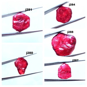 May include: Four red gemstones, each held by tweezers, with the identification numbers j281, j284, j288, and j287.