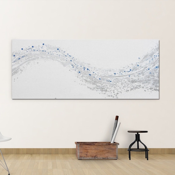 Abstract Modern Wave - Peintures acryliques - Impressions sur toile « Blue Silver Wave » Photos d’art moderne pour le salon Wave, encadré, mur décoratif