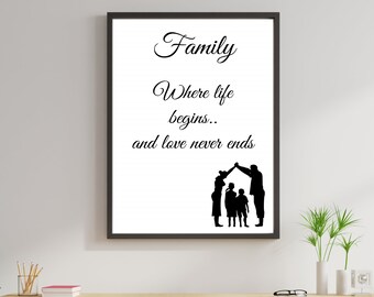 Family  where life begins and never quote,Downloadable Prints DIGITAL Files,Quote Print,Family prints,Family Clip art,Printable Wall Art