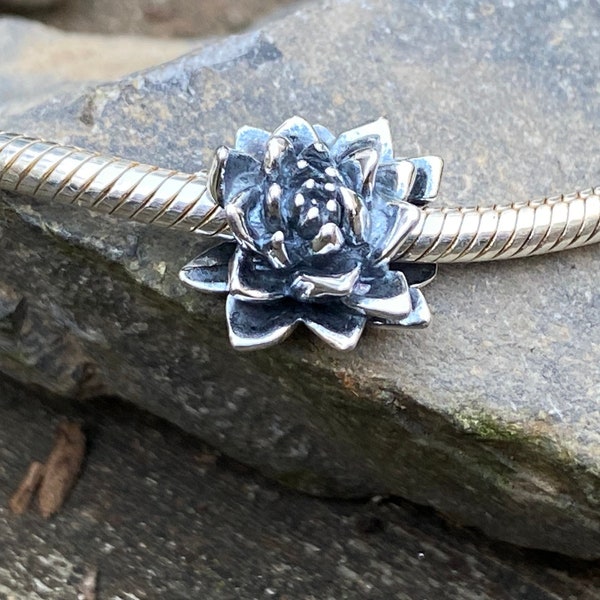 Lotus Flower Blossom Charm for Bracelet, Fits Pandora Bracelet, 925 Sterling Silver, Aurora Charm, Pond, Buddhism, Spiritual, Meditation