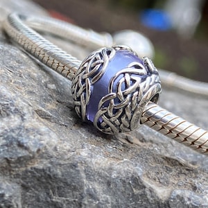 Irish Celtic Mystic Knot Purple Bead, Fits Pandora Bracelet, 925 Sterling Silver & Glass Necklace Pendant, Celtic Design Motif, Aurora Charm