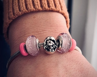 Pink Rose Droplets Murano Glass Bead, Sterling Silver Core, Pandora Compatible