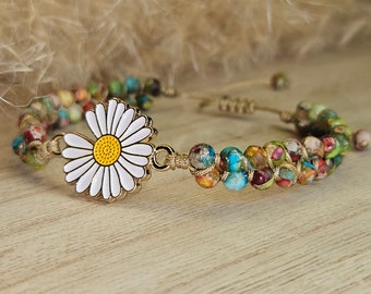 Perlenarmband mit Blume aus Naturstein gefertigt | Blume Margerite | verstellbar | für Herren und Damen | individuelles Geschenk