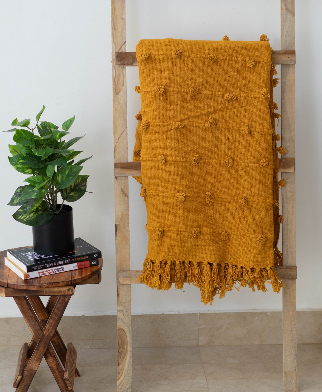 Hand Loom Cotton Throw Blanket Mustard Yellow Wool Loops Throw Blanket