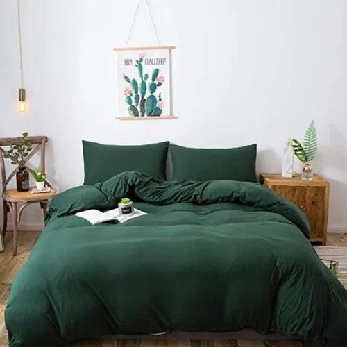 Washed Cotton Duvet Cover Green Duvet Cover With Button Etsy