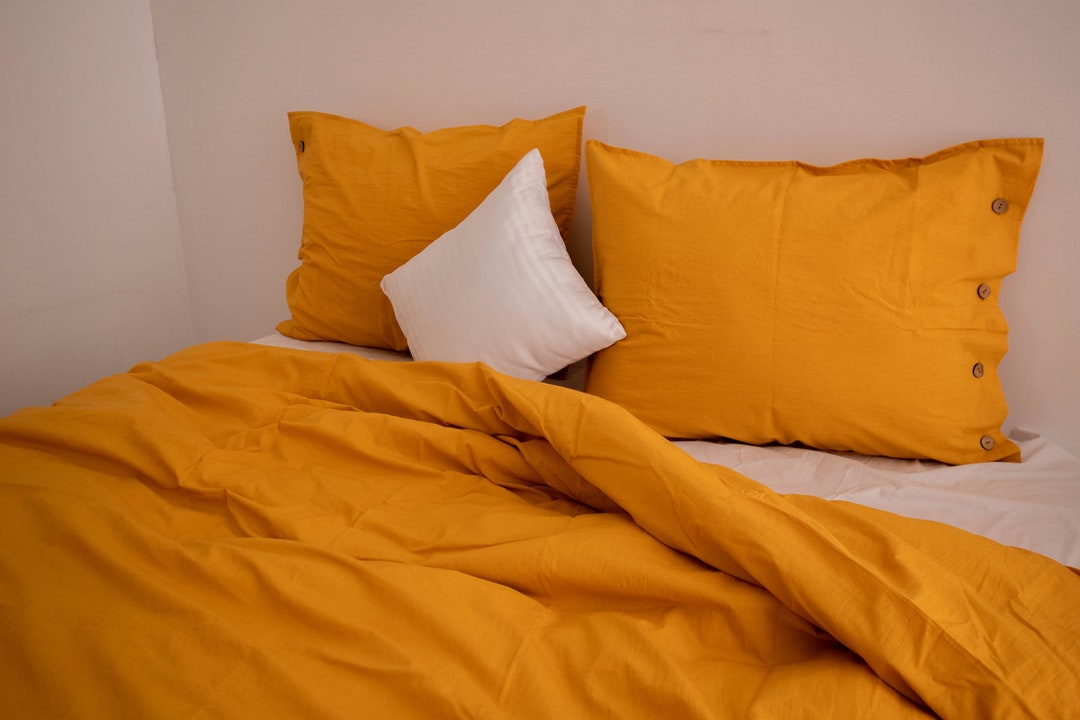 Mustard Yellow Cotton Duvet Cover With Buttons Mustard Etsy