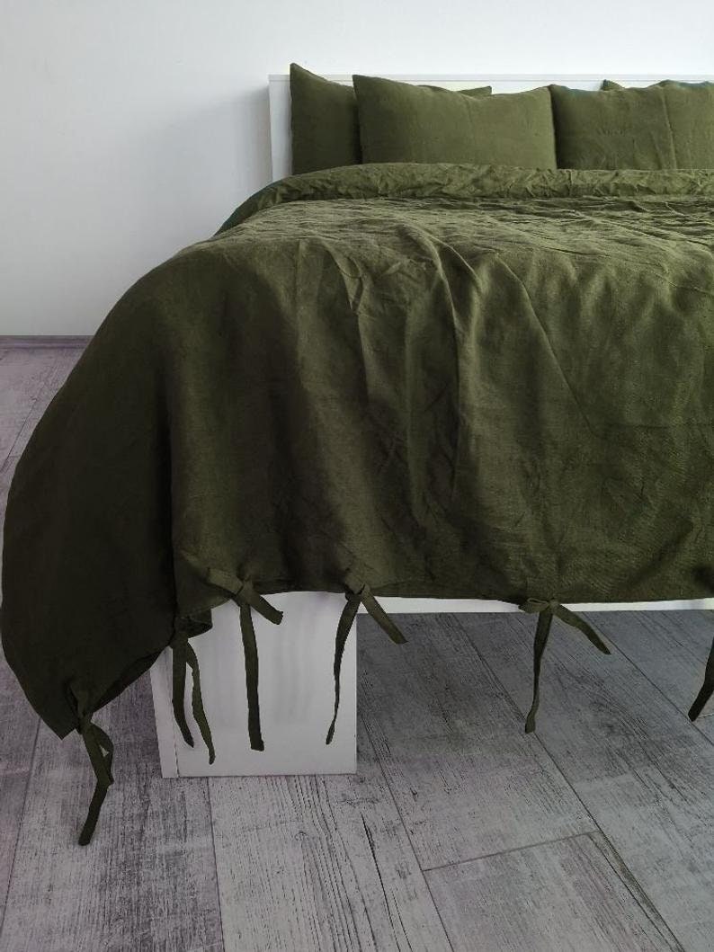Dark Olive Green 100 Cotton Duvet Cover With Ribbon Ties / Etsy