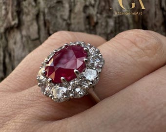 Oval Red Ruby Halo Ring | Vintage Style, Sterling Silver