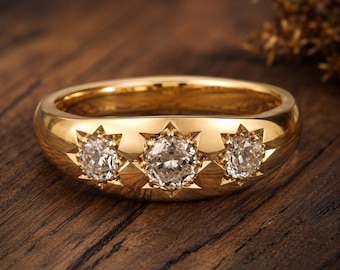 Vintage 3-Stone Starburst Diamond Ring | Rose Gold Ring | Antique Victorian Style Band