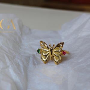 Sterling Silver Butterfly Ring with Emerald, Ruby, Diamond Accents – Nature Inspired Promise Ring