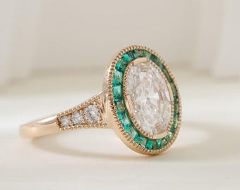 Oval Diamond Engagement Ring, Emerald Halo, Yellow Gold Statement Ring, Vintage Bridal Promise