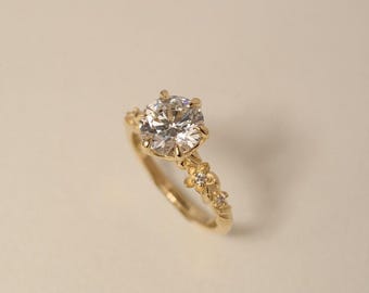 Floral Solitaire Ring, Round Cut Moissanite, Vintage Gold Engagement Ring