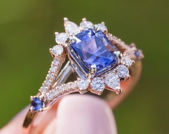 Octagon Blue Sapphire Halo Ring, Sterling Silver Split Shank, Vintage Style Statement Ring