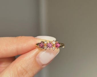 Pink Tourmaline & CZ Diamond Ring | Gold-Plated Sterling Silver, Handmade