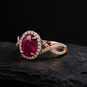 May include: Rose gold ring with an oval, deep red gemstone and a halo of small, clear gemstones. The band has an infinity-style design, also encrusted with small, clear gemstones. The ring is set against a dark background.
