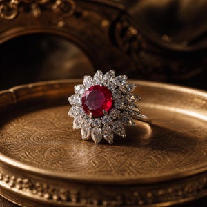 May include: A ring featuring a large, round, deep red gemstone at the centre, encircled by a halo of smaller, clear gemstones. The ring is displayed on a gold-coloured tray, creating a luxurious aesthetic.