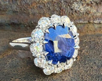 Oval Blue Sapphire Halo Ring, Vintage Style Diamond Statement Cocktail Ring