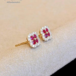 Ruby Flower Sterling Silver Stud Earrings – CZ Halo, Dainty Floral