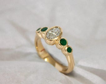 Oval Emerald Cluster Ring | Bezel Set Sterling Silver Engagement Ring