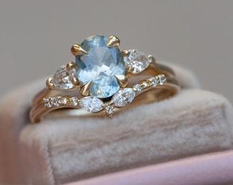 Oval Aquamarin Verlobungsring Set - Vintage Brautring aus vergoldetem Sterlingsilber