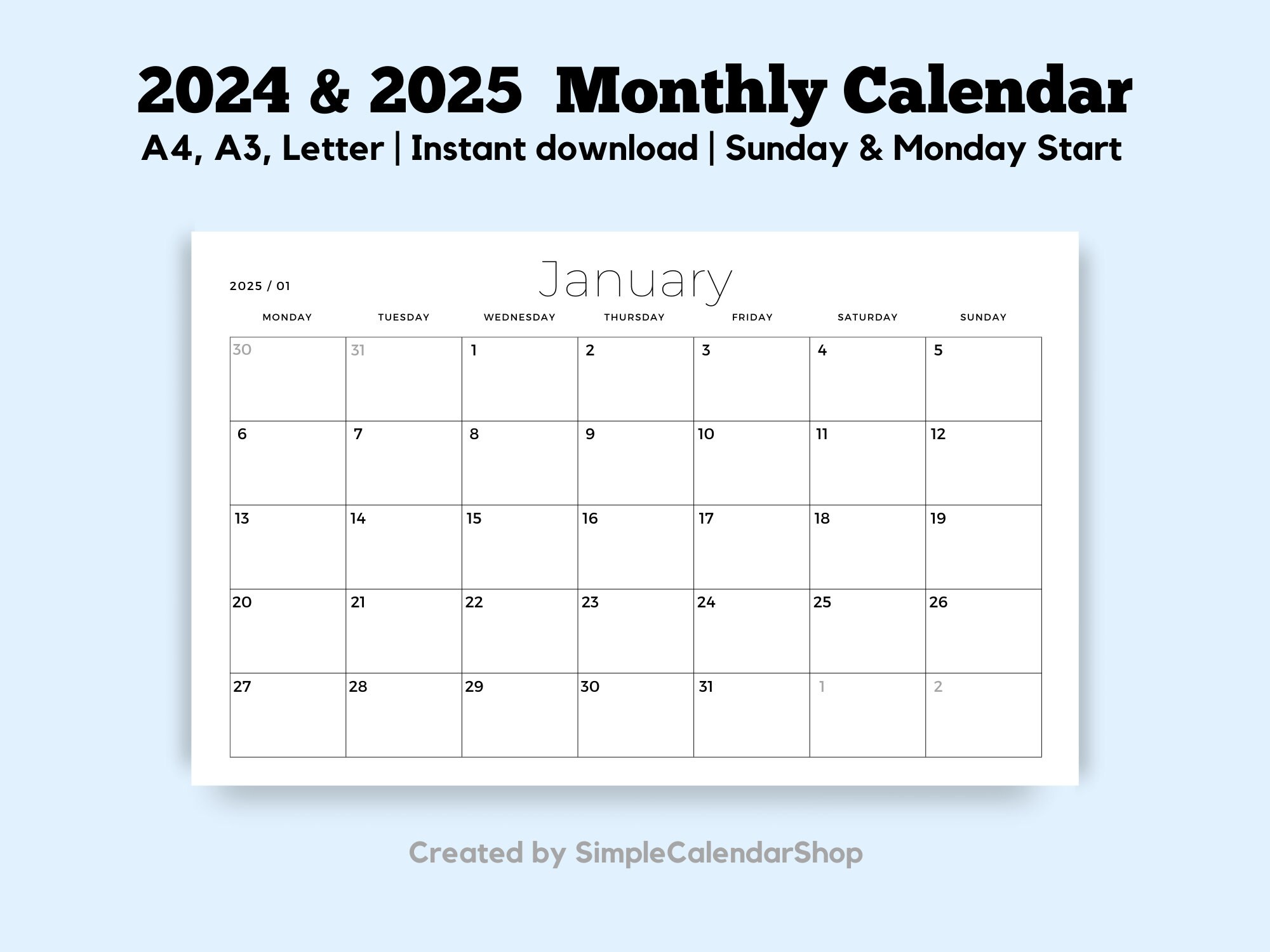 Printable Calendar 2024 2025 Monthly Planner Minimalist Etsy