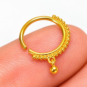 Gold Plated Sterling Silver Beaded Hoop Nose Ring, Boho Dangle Charm Piercing