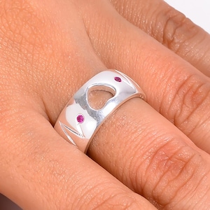 925 Sterling Silver Ruby Statement Ring, Wide Artisan Band, Pink Gemstone Cocktail Ring, Handmade Boho Jewelry