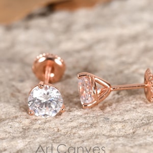 Brilliant Cut  CZ Internally Threaded Flat Back/Screw Back/Stud Earrings  Rose Gold